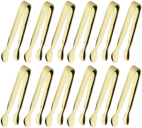 12PCS Ice Tongs Mini Sugar Tong 4.25Inch Stainless Steel Small Serving Tongs, Small Kitchen Tongs for Appetizers,Tea Party, Coffee Bar, Desserts (Gold 12pcs)