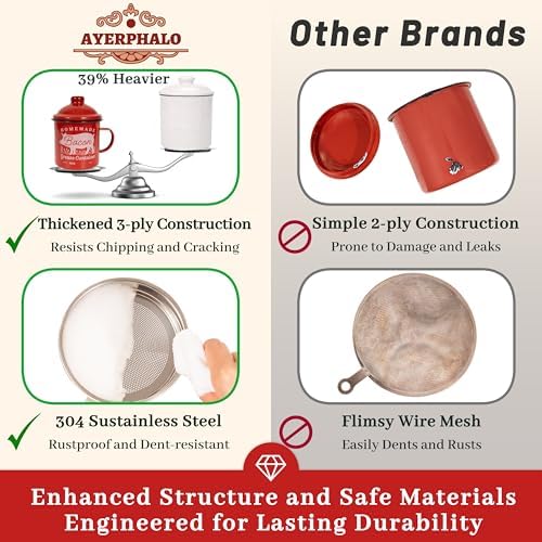 Ayerphalo Bacon Grease Container with Strainer - With Food-Grade Silicone Spatula, 24oz Enamel Rustic Farmhouse Fat Container, Keeper, Recipes, Dishwasher Safe