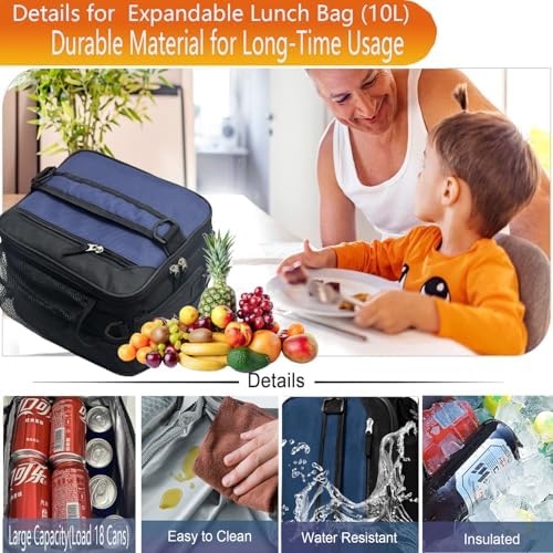 Lunch Box Insulated Lunch bag for Men Teen Kids Boys Adult Portable Stylish Small Lunchbox Special Design for Working Office school Picnic (Navy Blue 10L10L(Expandable with Shoulder Straps))