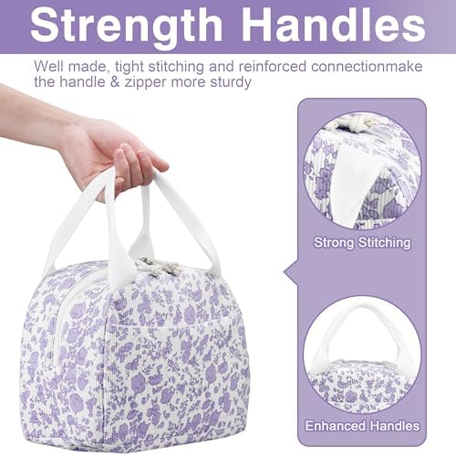 TESAFNG Lunch Bag - Insulated Lunch Box for Women, Reusable Large Capacity Cooler Bag for Adult, Small Leakproof Cute Corduroy Lunch Tote for Work Office Travel Picnic (Corduroy Purple-Flower)