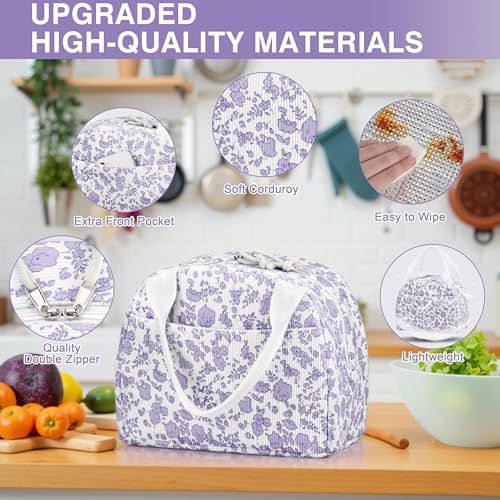TESAFNG Lunch Bag - Insulated Lunch Box for Women, Reusable Large Capacity Cooler Bag for Adult, Small Leakproof Cute Corduroy Lunch Tote for Work Office Travel Picnic (Corduroy Purple-Flower)