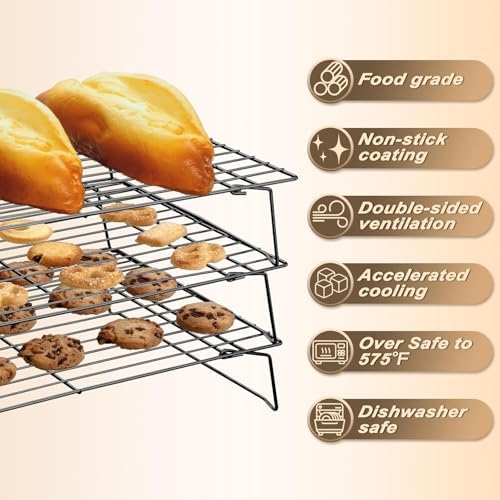 Pleafind Stackable Cooling Rack Set - 3 Pieces 16 x 10 Inch Stainless Steel Roasting Rack, Heavy Duty Cooling Racks for Cooking and Baking, Oven and Dishwasher Safe Bacon Rack, Black