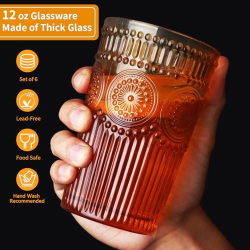 Loivttvv 6pcs Vintage Drinking Glasses Set, 12 oz Amber Highball Glasses, Embossed Ribbed Glassware Cups for Thanksgiving Cocktail, Juice, Whiskey