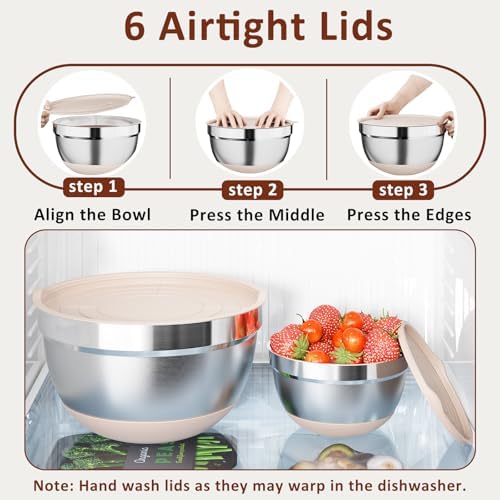 9 Pack Mixing Bowls with Airtight Lids & Grater Attachments, Khaki