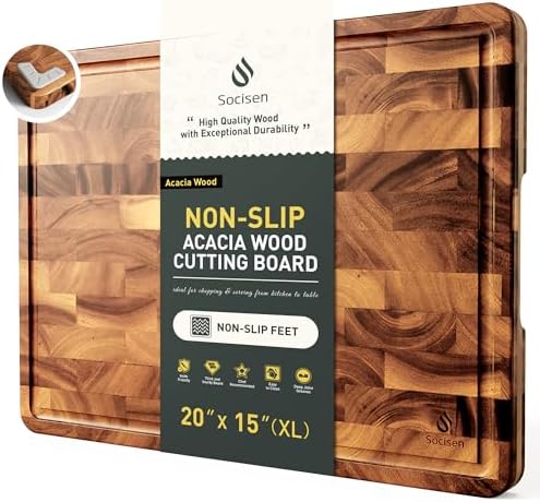 Large End Grain Cutting Board for Kitchen with Non-slip Feet, Acacia Wood