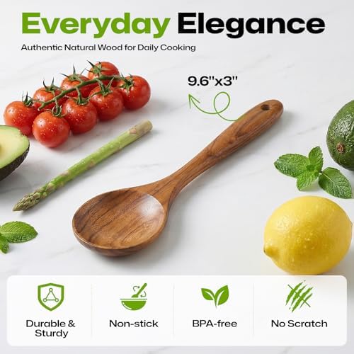 AIUHI Wooden Mixing Spoon, Teak Wooden Spoon for Cooking, Serving & Mixing, Non-Stick Safe Wooden Cooking Spoon, Essential Wooden Utensil for Kitchen