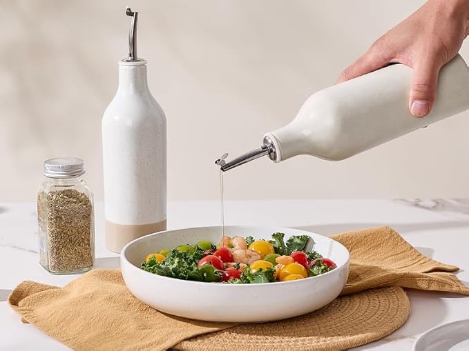famiware Milkyway 16oz Ceramic Olive Oil Dispenser Bottle, Olive Oil and Vinegar Dispenser Bottle Set of 2 with Stainless Steel Pourers, Storage Vinegar, Soy Sauce, Matte Beige White & Cinnamon Brown