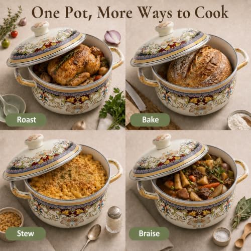 2.5 Qt Enamel Stock Pot with Lid, Floral Soup Pots for Cooking