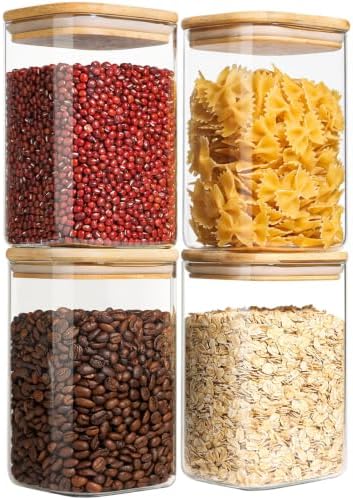 ComSaf Square Glass Containers with Lids 1.2 Qt, Set of 4 Pantry Glass Jars
