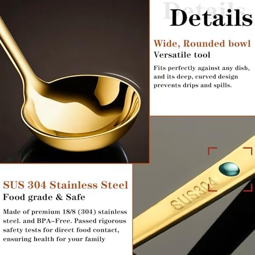 2 Pack Gold Soup Ladle Stainless Steel Serving Spoon with Handle, 11.6 Inch