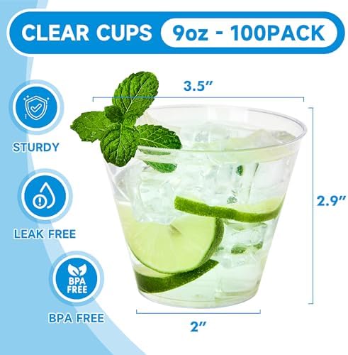 RACETOP 9 oz Clear Plastic Cups 100 packs, Perfect for Parties, Wedding