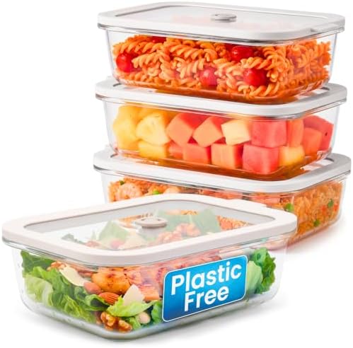 Non-Toxic Glass Food Containers with Lids, 4-Pack, 35 oz, Airtight, Gray