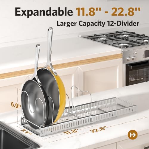 ORDORA Pots and Pans Organizer under Cabinet, 11.8-22.8" 12 Dividers Silver