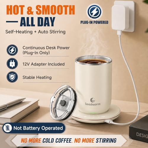 Self Heated Stirring Coffee Mug, 10oz Auto Mixing Cup with Warmer, White