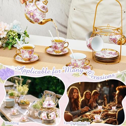 Zhehao 20 Pcs Porcelain Tea Set for Adult, with Metal Holder, Purple