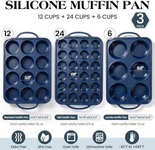 Vinino 3 Piece Silicone Muffin Pan Set with Stainless Steel Frame - Blue