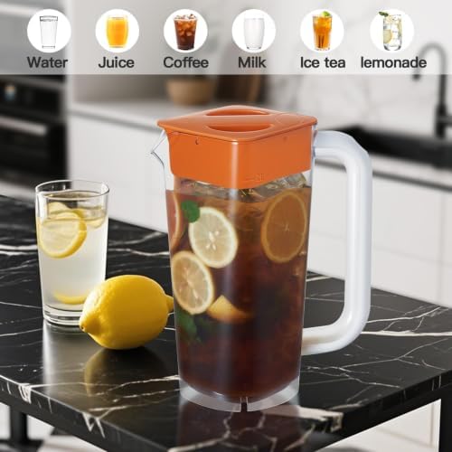 CURTA 1 Pack 2 Liters/68 oz Plastic Pitcher with Lid & Handle for Kitchen,ICED JUICE and Coffee Carafe Beverage Serveware, Acrylic Water Jug for Hot/Cold Drinks&lemonade