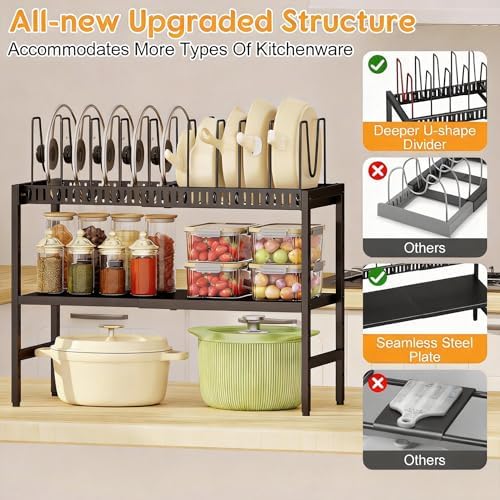 2-Tier Pots and Pans Organizer Under Cabinet,Expandable Pots Lid Organizers Inside Cabinet,Adjustable Metal Storage Shelves Organizer Rack with 10 Dividers For Kitchen Pantry Organization and Storage