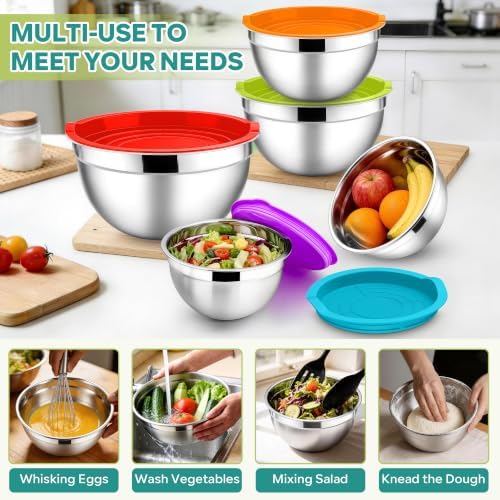 E-far Mixing Bowls with Lids Set, Stainless Steel Salad Bowls, Colorful