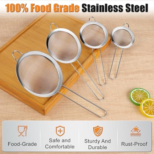 4PCS Fine Mesh Strainer Set, Premium Stainless Steel Fine Mesh Strainers, Food Fine Sieve with Non-Slip Handle, Perfect for Juice, Baking Flour, Drinks, Cocktails, Rice, Jam, Tea(2.8"/3.2"/3.9"/4.7")