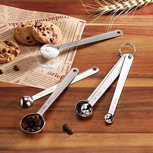 New Star Foodservice 43112 Stainless Steel Measuring Spoons, Set of 6, Round Metal Measuring Spoon Set with Ring Hook for Baking, Cooking, Spices, Wet and Dry Ingredients, Silver