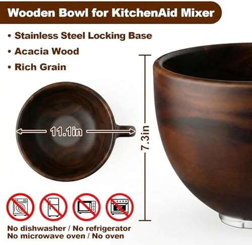 COFUN Premium Wood Mixing Bowl for KitchenAid 4.5-5 Qt Stand Mixers