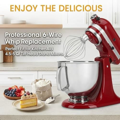 K45WW Wire Whip for KitchenAid Tilt-Head Mixer,6-Wire Whisk Attachment Replacement for 4.5QT/5QT Models K45SS KSM110 KSM75 KSM90 KSM100, Aluminum Head with Stainless Steel Wires, Hand Wash Only