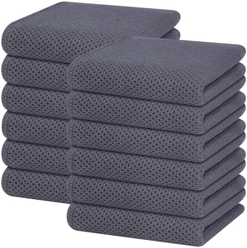 Homaxy 100% Cotton Waffle Weave Kitchen Dish Towels 12-Pack, Dark Grey