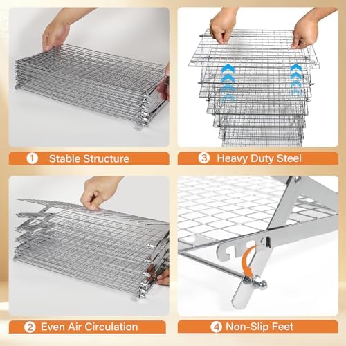 6 Tier Upgraded Collapsible Cooling Rack with Adjustable 3 Setting Design, Stackable Baking Rack with Clean Brush, Roasting Cooking Drying Wire Cooling Rack for Cookies Baking Roasting ＆ Grilling
