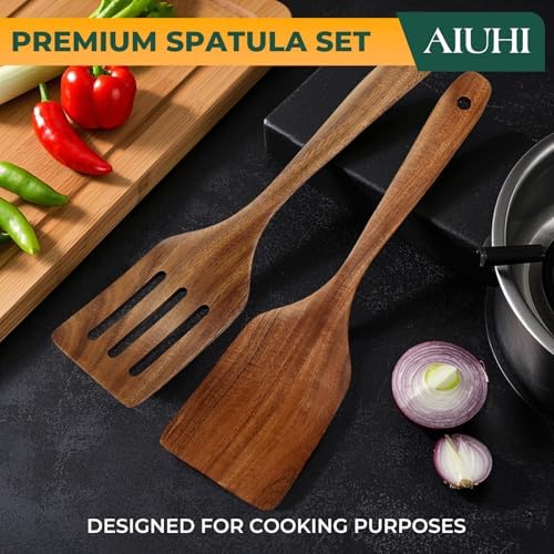 AIUHI Teak Wood Spatula for Cooking, Durable Flat Turner and Slotted Spatula for Nonstick Cookware, Long Handle Natural Wooden Cooking Utensils 2 Pieces
