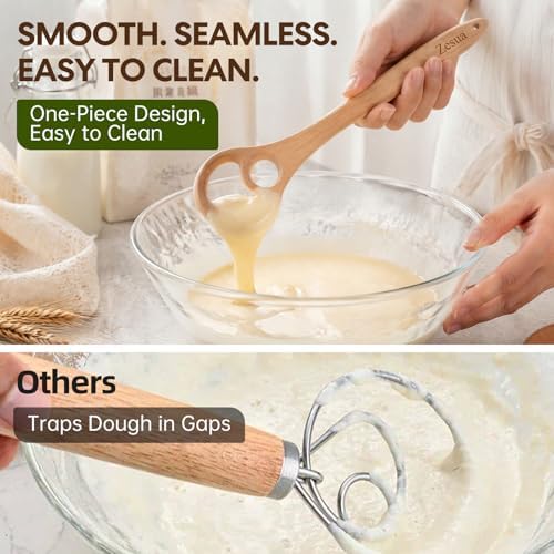 Wooden Dough Whisk Set, One-Piece Solid Beech Wood Danish Sourdough Whisks