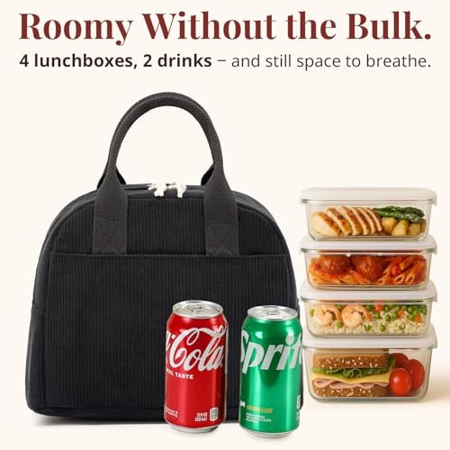 LOVELYWIND Lunch Box for Women, Black Corduroy Insulated Lunch Bag