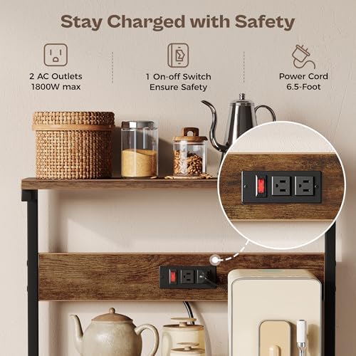 SUPERJARE Kitchen Bakers Rack with Power Outlet, Coffee Bar Table 4 Tiers, Kitchen Microwave Stand with 6 S-shaped Hooks, Storage Shelf Rack for Spices, Pots and Pans - Rustic Brown