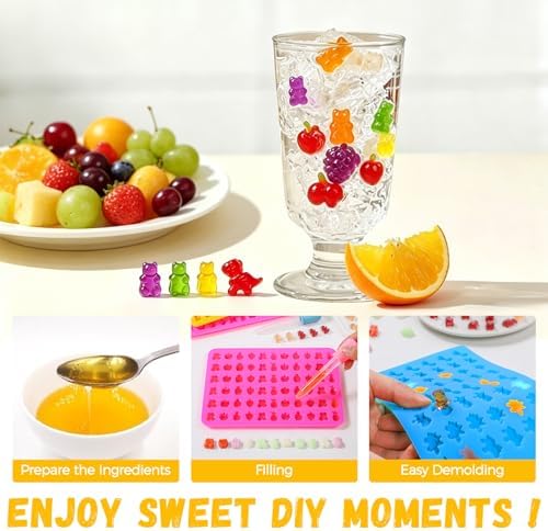 Gummy Candy Chocolate Molds - Silicone Mini Gummy Bear/Dinosaur/Fruit Snack Molds with 2pcs Dropper, Non-stick for Candy Chocolate Gummies Baking