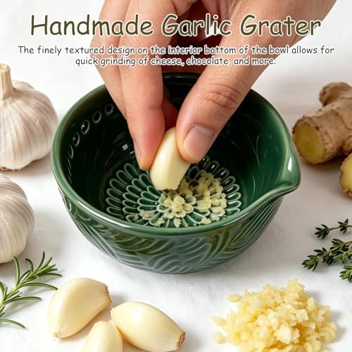 Grater Plate, 3 in 1 Handmade Tool Ceramic Bowl with Herb Stripper (Green)