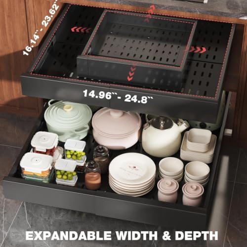 Seinloes 4 Pack Pull Out Cabinet Organizer Expandable Width(15"-25") and Depth(17"-24"),Slide Out Drawers With Raising Pad for Framed Cabinets,No Drill Roll Out Shelves for Kitchen,Bathroom,Black