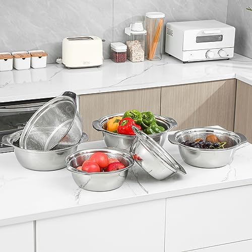 Paoli 304 Stainless Steel Fine Mesh Colander Set, 2QT Large Capacity Strainer with Mixing Bowl — Rinse Fruits, Veggies, Rice & Drain Pasta, Dishwasher Safe (2-Piece Gold)
