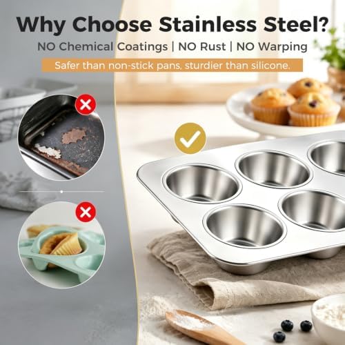 Onader 6 Cup Muffin Pan for Baking, Stainless Steel Cupcake Pan, 3 Pieces