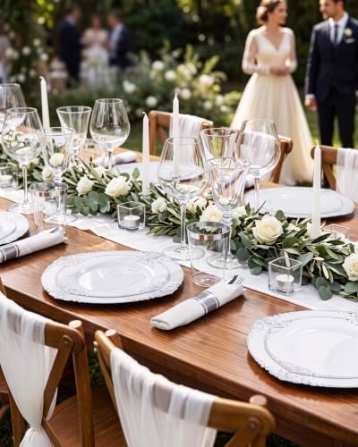 Nervure 350Pcs Silver Plastic Plates, Plastic Dinnerware Set for 50 Guests
