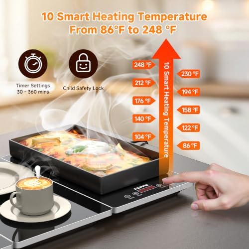 FEPPO Electric Warming Tray, 4-in-1 Food Warmers for Parties Buffet with 10 Temp Settings and Timer, 33"x15" Glass Surface Warming Mat for Food, Modular Buffet Hot Plates for Catering and Gatherings