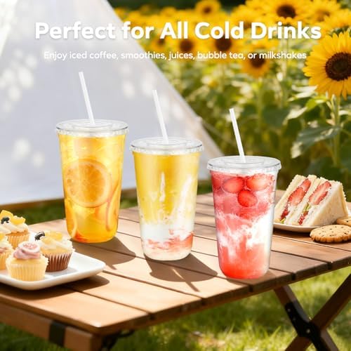 50 Pack 18 oz Disposable Plastic Cups with Lids and Straws, Clear Drink Cup