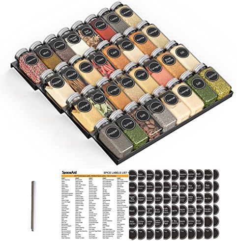 SpaceAid Spice Drawer Organizer with 32 Spice Jars, 386 Spice Labels, 4 Tier Seasoning Rack Tray Insert for Kitchen Drawers, 15" Wide x 17.5" Deep