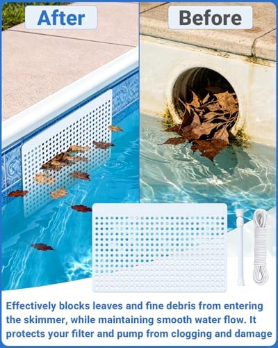 15.7"×9.8" Pool Skimmer Guard Kit with Rope&Telescopic Rod, Rustproof Pool Skimmer Leaf Guard, Pool Skimmer Screen Saver,Debris, Hair & Leaves Catcher for Inground & Above Ground Pools