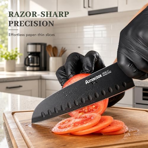 Astercook Knife Set, 13-Piece Kitchen Knives Set with 6 Blade Guards, Black Anti-Rust & Non-Stick Coating, Dishwasher Safe Stainless Steel Knives, Ergonomic Handle, Perfect for Holiday Gifts