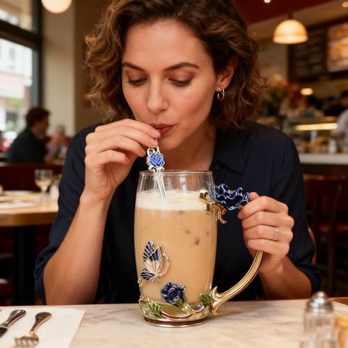 Gifts for Mom Women Unique Blue Tea Mug With Spoon Set & Flower Decoration - Top Birthday Christmas Gifts For Women Mom Who Has Everything