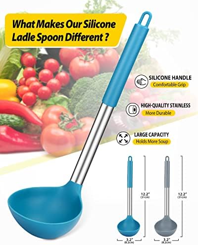 BUNDLEPRO Silicone Soup Ladle Spoon Kitchen Utensils, 2 Pack, Grey-Blue