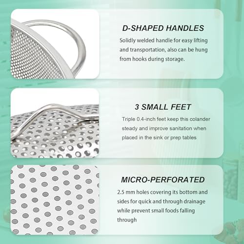 3-Piece Stainless Steel Colander Set with Handles - 5Qt/3Qt/1Qt Nesting Strainers for Pasta, Veggies, Fruit Drainage, Durable Micro-Hole Mesh for Fast Water Flow