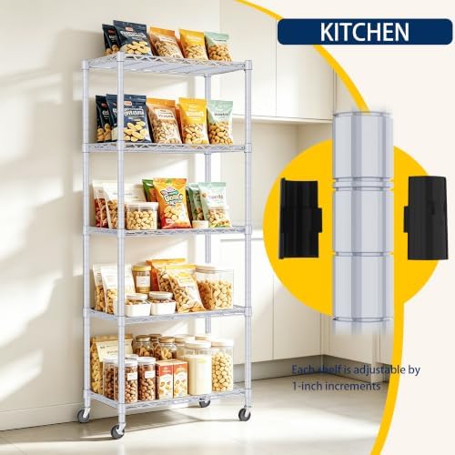 REGILLER 5-Wire Shelving Metal Storage Rack Adjustable Shelves,Standing Storage Shelf Units for Laundry Bathroom Kitchen Pantry Closet(Silver,11.8" D x 21.2" W x 55" H,With Wheels)