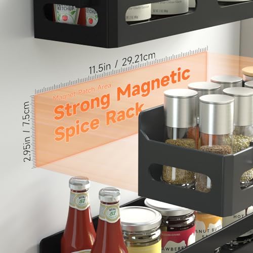 Sevenblue 6-Pack Magnetic Spice Rack for Refrigerator with Hooks, Black