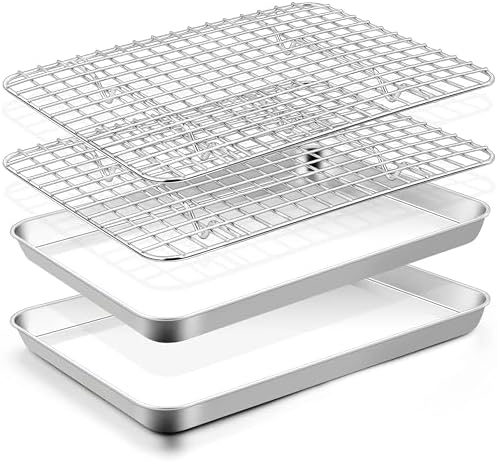 TeamFar Cookie Sheets with Cooling Racks, 2 Pans + 2 Racks, 10.5x8x1 Inch